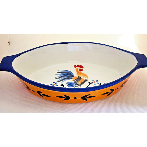 Casserole/Serving/Baking Dish-Rooster-White-Navy Blue-Hand Painted-12" Long - Picture 2 of 12